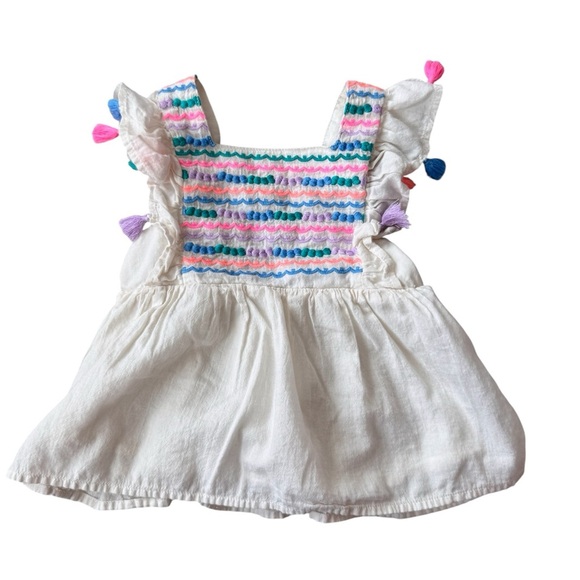 Cat & Jack Girls Top | Size 4T | Smocked Flutter Sleeve Pom Pom Tank Embroidered - Picture 1 of 7